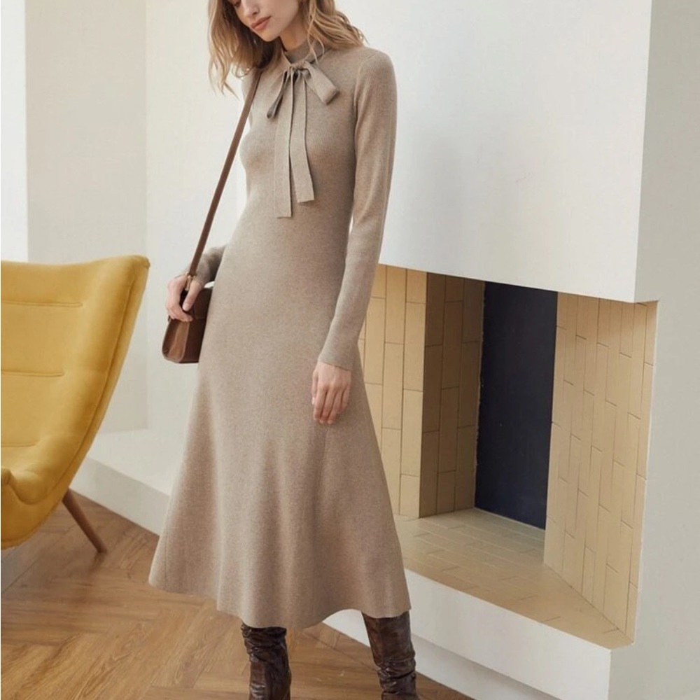 MOTF Premium Wool Mix Neck Tie Sweater Dress